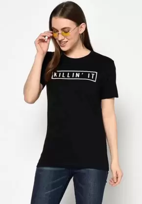 Women Printed Round Neck Cotton Blend Black T-Shirt