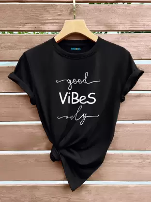 Women Printed Round Neck Cotton Blend Black T-Shirt