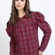 Casual Regular Sleeves Checkered Women Maroon Top