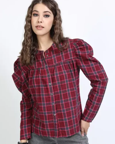 Casual Regular Sleeves Checkered Women Maroon Top