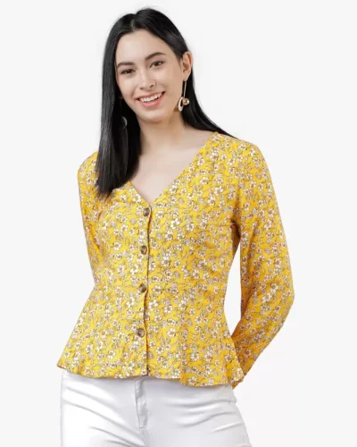 Casual Regular Sleeves Printed Women Yellow Top