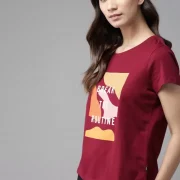 Women Printed Round Neck Pure Cotton Maroon T-Shirt