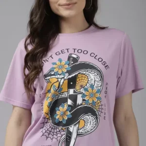 Women Printed, Typography Round Neck Pure Cotton Purple Color T-Shirt
