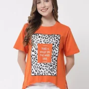 Over Size T-Shirt Women Printed, Typography Round Neck Pure Cotton Orange T-Shirt