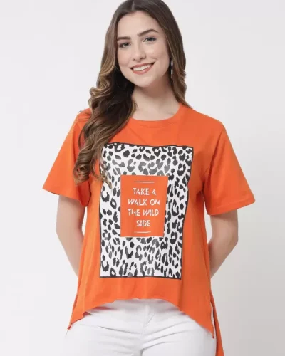 Over Size T-Shirt Women Printed, Typography Round Neck Pure Cotton Orange T-Shirt