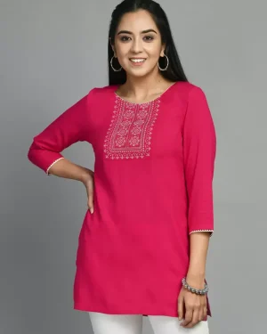 Casual Regular Sleeves Embroidered Women Pink Top