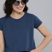 Women Solid Round Neck Pure Cotton Blue T-Shirt