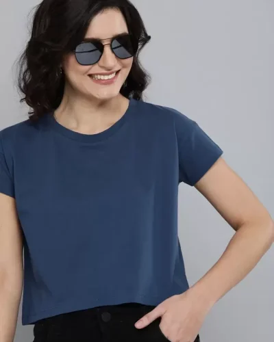 Women Solid Round Neck Pure Cotton Blue T-Shirt