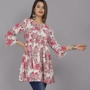 Casual Bell Sleeves Printed Women White, Pink Top