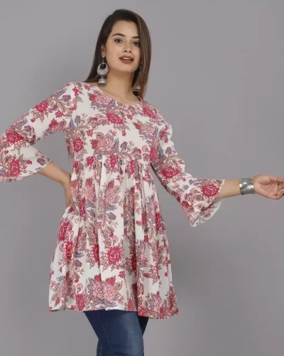 Casual Bell Sleeves Printed Women White, Pink Top