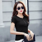 Women Solid Henley Neck Cotton Blend Multicolor T-Shirt