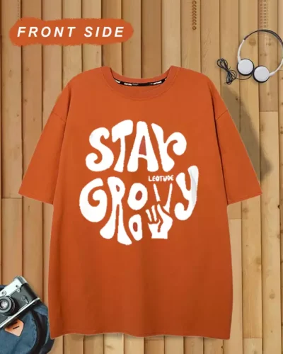 Men Printed, Typography Round Neck Cotton Blend Orange T-Shirt