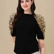 Casual Puff Sleeves Solid Women Black Top