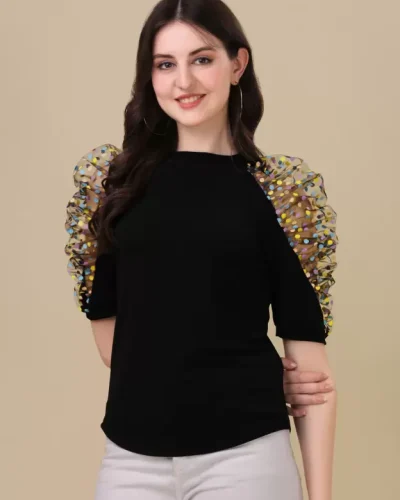 Casual Puff Sleeves Solid Women Black Top