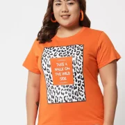 Women Printed, Typography Round Neck Pure Cotton Orange T-Shirt