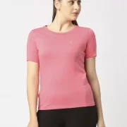 Women Solid Round Neck Poly Cotton Pink T-Shirt