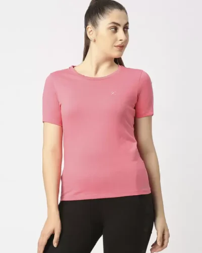 Women Solid Round Neck Poly Cotton Pink T-Shirt