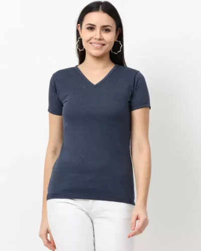 Women Solid V Neck Pure Cotton T-Shirt