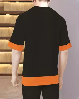 Men Printed Round Neck Cotton Blend Black, Orange T-Shirt