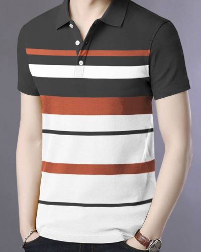 Men Striped Polo Neck Cotton Blend Multicolor T-Shirt