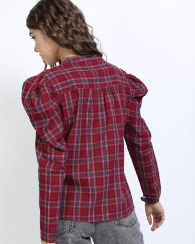 Casual Regular Sleeves Checkered Women Maroon Top