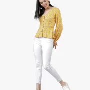 Casual Regular Sleeves Printed Women Yellow Top