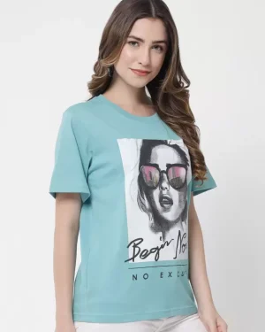 Over Size T-Shirt Women Printed, Typography Round Neck Pure Cotton Light Blue T-Shirt