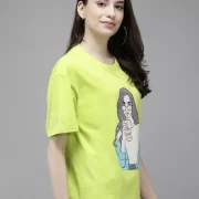 Women Printed, Typography Round Neck Pure Cotton Light Green T-Shirt