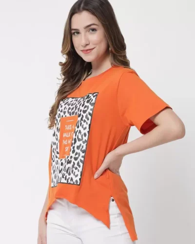 Over Size T-Shirt Women Printed, Typography Round Neck Pure Cotton Orange T-Shirt