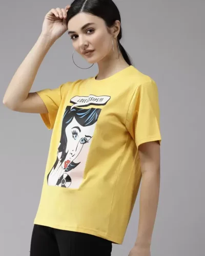 Women Printed, Typography Round Neck Pure Cotton Yellow Color T-Shirt