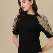 Casual Puff Sleeves Solid Women Black Top