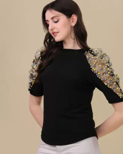 Casual Puff Sleeves Solid Women Black Top