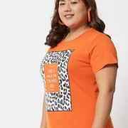 Women Printed, Typography Round Neck Pure Cotton Orange T-Shirt