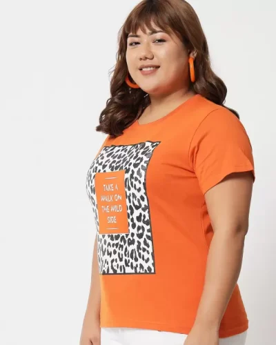 Women Printed, Typography Round Neck Pure Cotton Orange T-Shirt