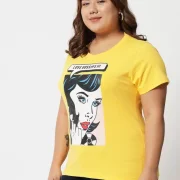 Women Printed, Typography Round Neck Pure Cotton Yellow T-Shirt