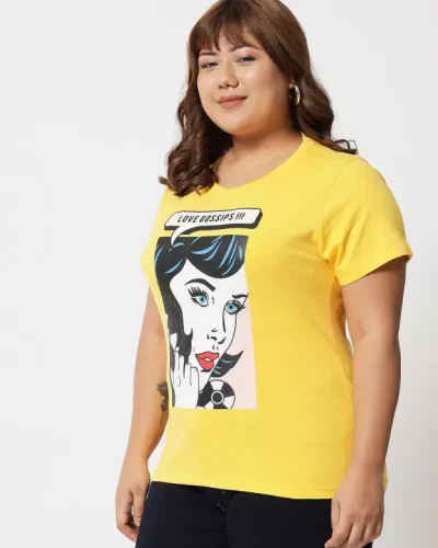 Women Printed, Typography Round Neck Pure Cotton Yellow T-Shirt