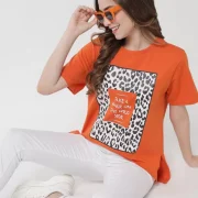 Over Size T-Shirt Women Printed, Typography Round Neck Pure Cotton Orange T-Shirt