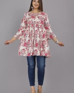 Casual Bell Sleeves Printed Women White, Pink Top