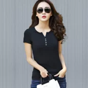 Women Solid Henley Neck Cotton Blend Multicolor T-Shirt