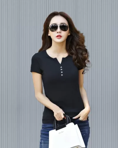 Women Solid Henley Neck Cotton Blend Multicolor T-Shirt