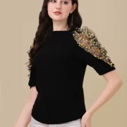 Casual Puff Sleeves Solid Women Black Top