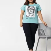 Women Printed, Typography Round Neck Pure Cotton Light Blue T-Shirt