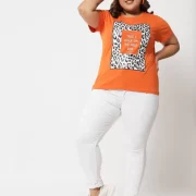 Women Printed, Typography Round Neck Pure Cotton Orange T-Shirt