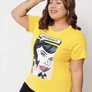 Women Printed, Typography Round Neck Pure Cotton Yellow T-Shirt