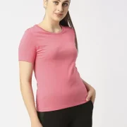 Women Solid Round Neck Poly Cotton Pink T-Shirt