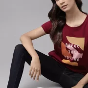 Women Printed Round Neck Pure Cotton Maroon T-Shirt