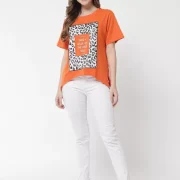 Over Size T-Shirt Women Printed, Typography Round Neck Pure Cotton Orange T-Shirt