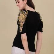 Casual Puff Sleeves Solid Women Black Top