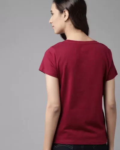 Women Printed Round Neck Pure Cotton Maroon T-Shirt