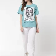 Over Size T-Shirt Women Printed, Typography Round Neck Pure Cotton Light Blue T-Shirt